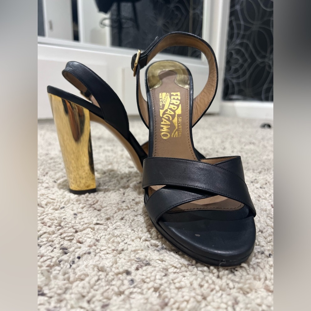 Ferragamo shoes, size 7 in black and gold.